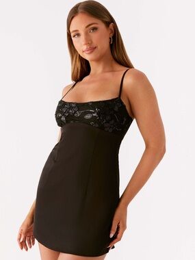 Peppermayo Black Mini Slip Dress with Sequin Lace Bodice